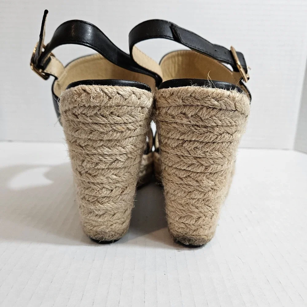 Allegra K Black Strappy Platform Jute Wedge Espadrille Sandals‎ Size 6.5